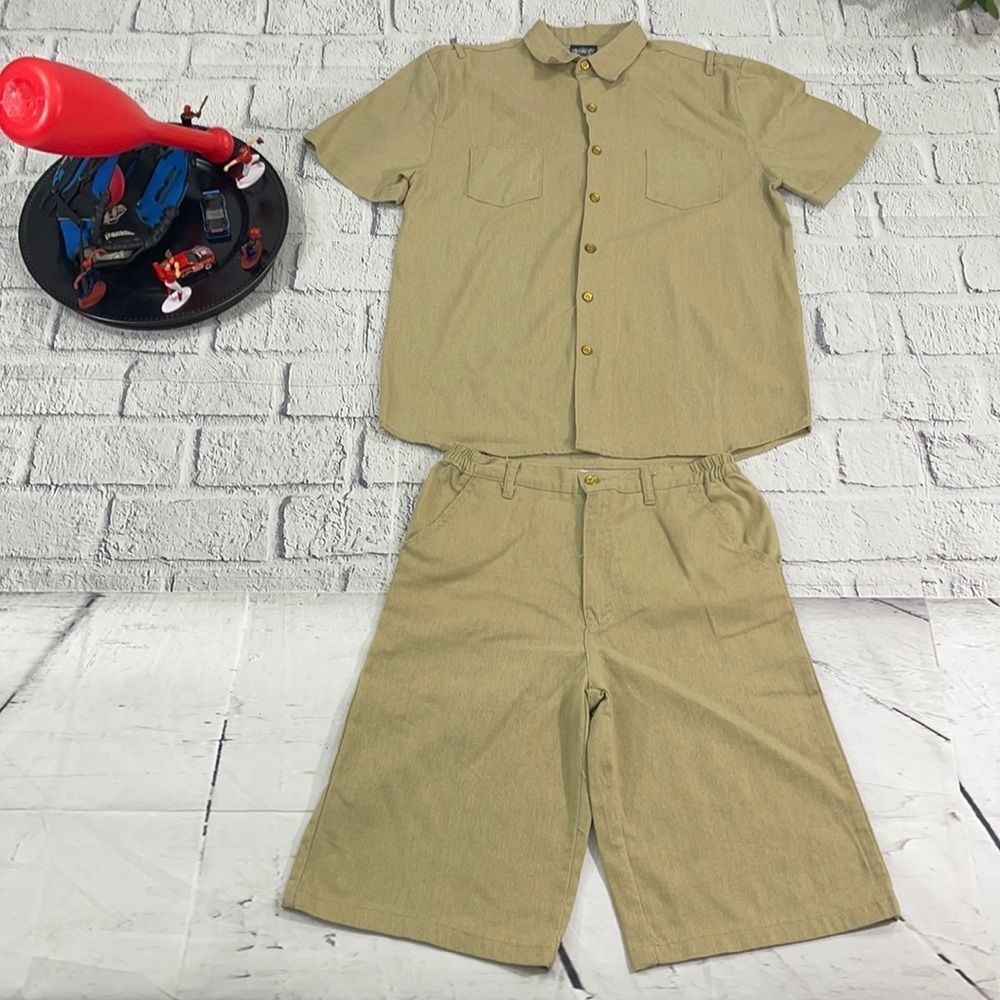 Boy’s Old School Tan Casual Short Sleeve Shirt And Shorts Set (14/16) Y01